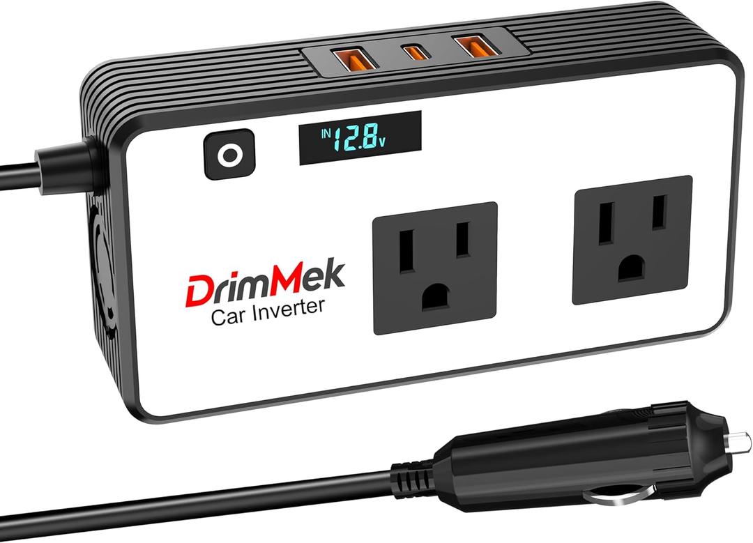 200W Car Power Inverter, Car Plug Adapter Outlet 12V to 110V Converter with 24W USB Fast Charging Port, Dual AC Outlet for Laptop, Vehicles, Camping (LED Display) (White)