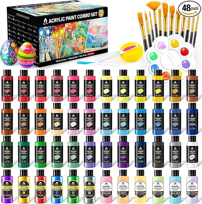 64 PCS Pastel Acrylic Paint Set with 12 Brushes, 2 Knives & Palette, 48 Colors (2oz/60ml) Art Craft Paint for Adults Kids Artists Beginners, Canvas Ceramic Rocks Wood Painting Kit Art Supplies