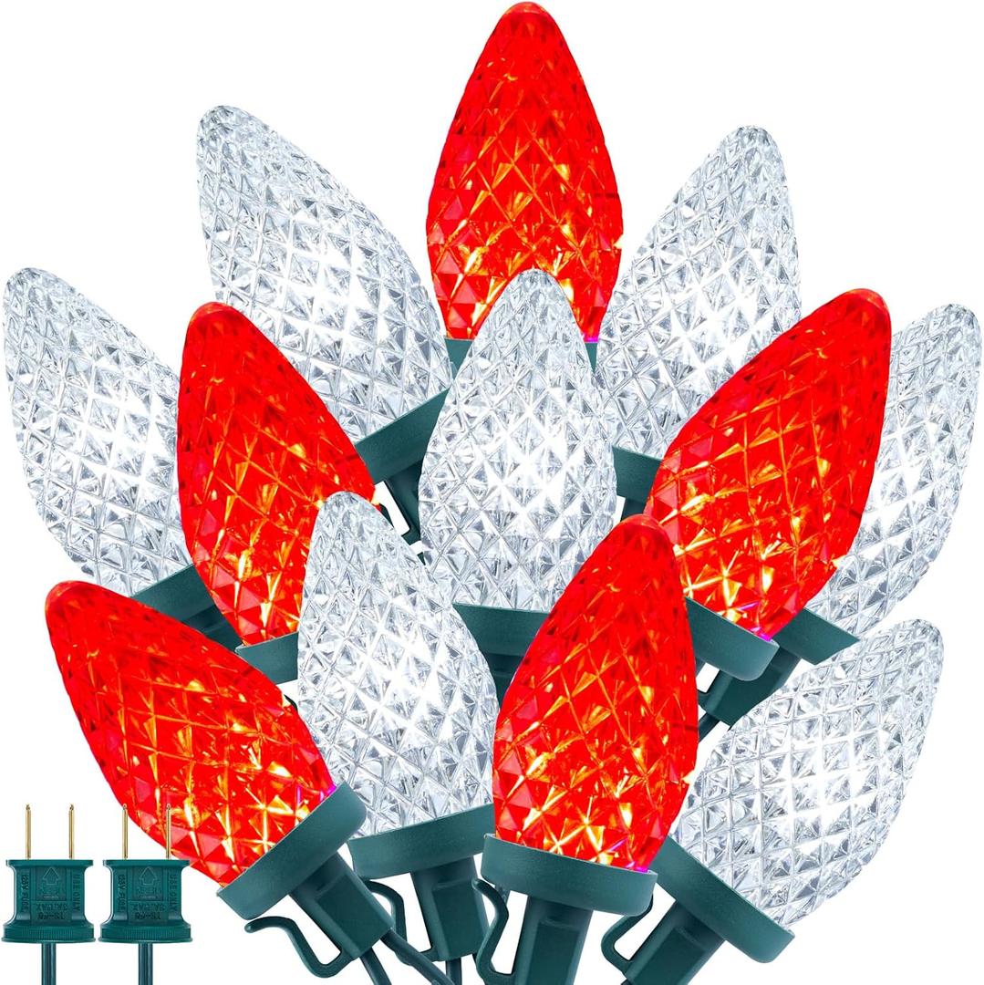 Brightown C9 LED Christmas String Lights, 2 Pack Total 132ft 200LED Outdoor Lights String, Plug-in Connectable Waterproof Roofline Lights String for Outside Yard Christmas Holiday Decor, Red and White