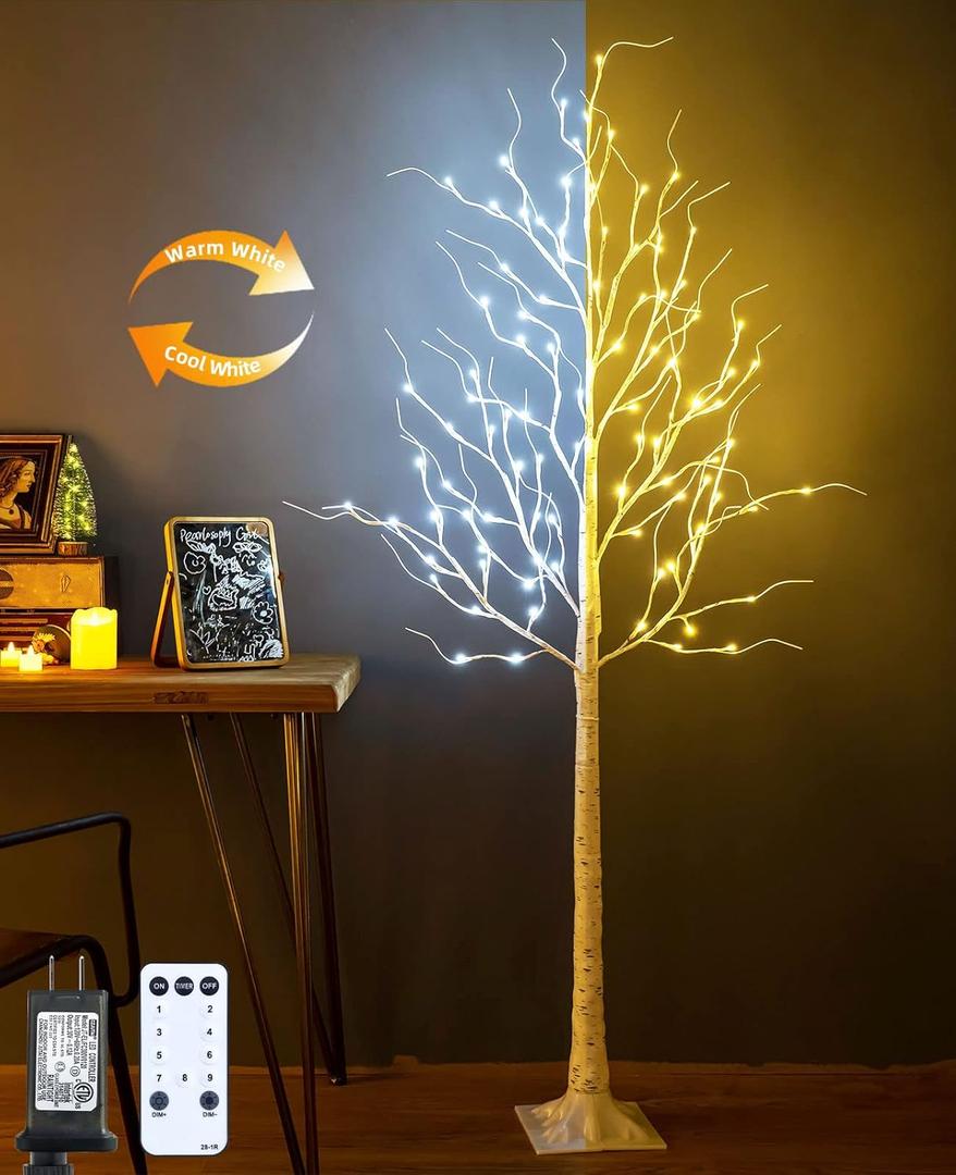 Lighted Birch Tree, 6ft 96LED Birch Tree Lights,Artificial Twig Tree Light 9Modes Timer for Indoor Outdoor Christmas Halloween Easter Tree Home Party Wedding Decor,Warm & Cool White (6ft Warm & Cool)