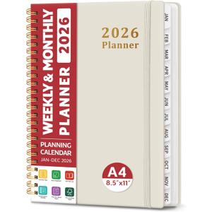 2 x 2026 Planner, Weekly and Monthly Calendar Planner, January 2026 - December 2026, Hardcover 2026 Calendar Book with Tabs For Women & Men, Inner Pocket, Spiral Bound, Perfect for Office Home School Supplies - A4 (8.5" x 11"), Gray