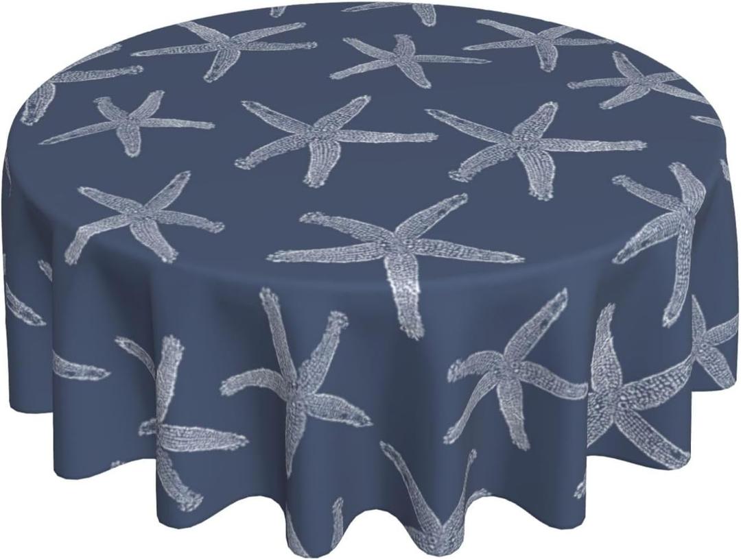 Nautical Coastal Tablecloth 70 Inch Round Navy Blue Starfish Table Cloth Summer Beach Ocean Decorations Stain Resistance Polyester Round Table Cover for Parties Picnic Kitchen Decor Outdoor
