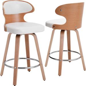 Set of 2 for Kitchen Counter Height Bar Stools, 360 Degree Swivel Barstools, Mid Century Walnut Finish and PU Leather Upholstered Bar Chair with Back&Footrest, for Bar, Kitchen (White)
