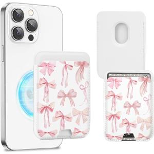 Compatible with Magsafe Wallet Magnetic Card Holder -Pink Ribbon Bow Cute Phone Wallets for Women Girls Pattern for iPhone 17/16/15/14/13/12 Series,Card Holder Wallet Fit 3 Cards
