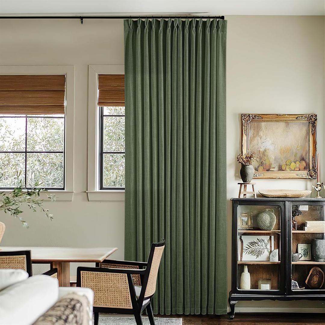 108 Inch Linen Pleated Curtains 2 Panels Set for Living Room Bedroom Farmhouse Cotton Rustic Farmhouse Back Tab Memory Trained Pinch Pleat Window Curtain Olive Green 108 Inch Length for Office 9FT