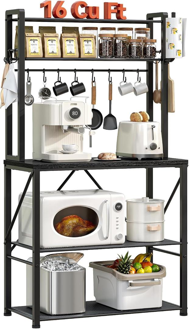 YASONIC Coffee Bar, Bakers Rack with Storage, 25.6 Inches Microwave Stand, 5 Tier Kitchen Shelves Appliance Storage, 12 S Hooks Large Coffee Station for Spices, Pots and Pans, Black, 25.9 inch