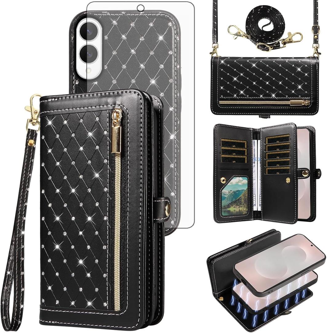 Phone Case for Samsung Galaxy S25 Edge 5G Zipper Wallet Detachable Cover with Screen Protector Crossbody Lanyard Strap Bling Credit Card Holder Slots S25Edge 25S S 25 25Edge 2025 Women Girls, Black