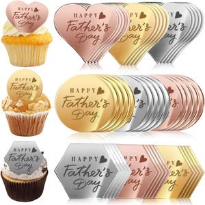 45PCS Happy Father's Day Cake Toppers, Mirror Acrylic Cupcake Toppers 3 Multi-shape & 3 Different Color Custom Cupcake Picks for Birthday Party Anniversary Pastries Decorations