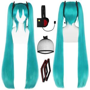 4Pcs 47inch Long Green Cosplay Wig Headphone and Hair Accessories Teal Straight Synthetic Anime Wigs with Double Ponytail for Women Costume Green Wigs for Halloween Costume Outfit + Hair Cap