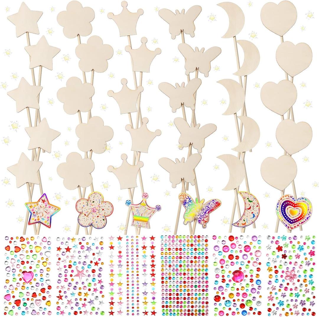 Cindeer 42 Pcs Princess Fairy Wands Kit, 36 Pcs Wooden Unfinished DIY Princess Wand with 6 Sheet Colorful Diamond Sticker for Girls Make Your Own Wand, Cosplay Costume Party Favor(Wood Color)