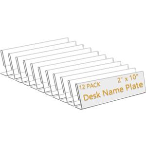 12 Pack 10"W x 2"H Acrylic Office Name Plates Name Labels for Desks, Horizontal Slant Back Clear Desk Sign Holder for Table Display