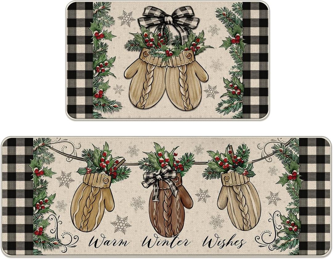 Warm Winter Wishes Mitten Kitchen Rugs Set of 2, Buffalo Plaid Check Bow Red Berry Farmhouse Kitchen Mats Decor, Christmas Holiday Floor Door Mat Home Decorations -17x29 and 17x47 Inch
