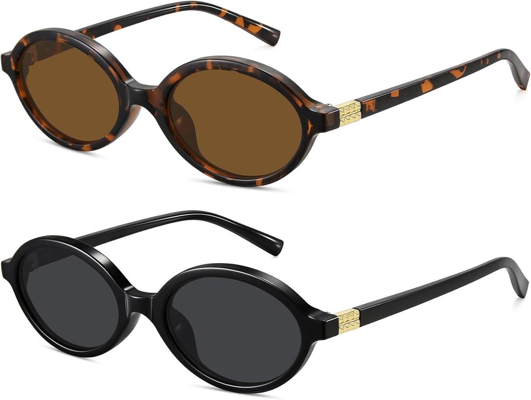 WOWSUN Retro Oval Sunglasses Womens Trendy Sun Glasses Sunnies UV400 Protection (2 Pack: Black Frame Grey Lens+tortoise Frame Brown Lens)