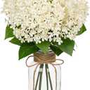 Artificial Hydrangea Flowers in Glass Vase with Faux Water, 13.8" Fake Cream Hydrangeas Arrangement Centerpiece for Home Caf Kitchen Bathroom Decoration (White)