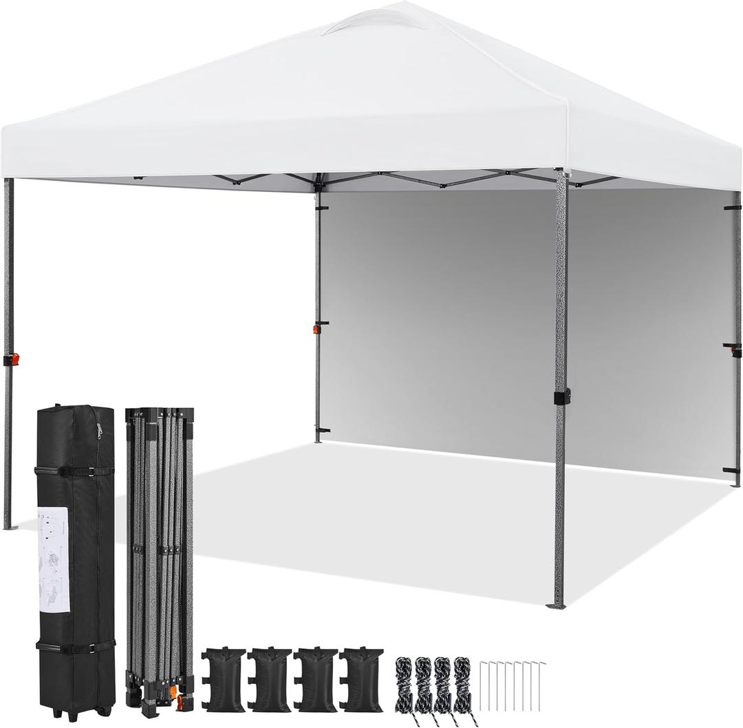 Yaheetech 10x10 Pop up Canopy Tent w/1 Sidewall, Instant Commercial 150D Silver Coated Fabric Outdoor Instant Tent w/Wheeled Bag, 4 Sandbags, 8 Stakes & 4 Ropes for Parties, Camping, Beach, White