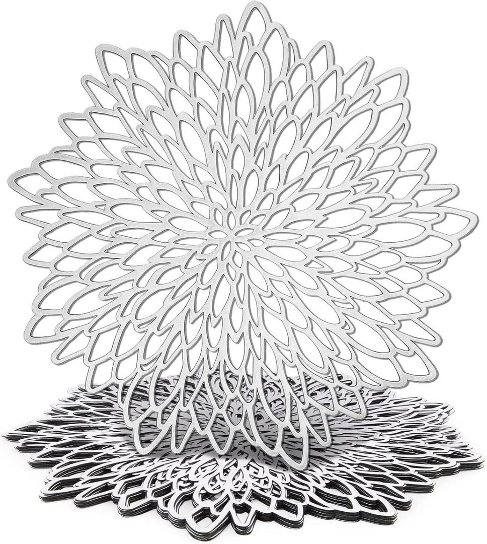 10 Pack Silver Metallic Vinyl Placemats for Thanksgiving, Christmas, Holiday, Leaf Design, 14.4 in