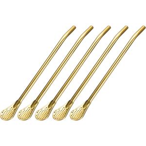uxcell Stainless Steel Spoon Straws, 5Pcs 7.2" Reusable Metal Long Handle Straw Spoon with Filter Drinking Straws for Milkshake Drinks Cocktail, Gold