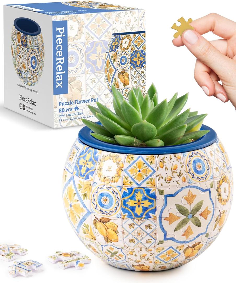 PieceRelax 3D Puzzle Planter - Retro Tiles - Danish Folklore Style, Home Decor Flower Pots for Indoor Cactus, Succulents Pots [K1104]