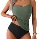 Eomenie Tankini Swimsuits for Women Two Piece Tummy Control Bathing Suit Slimming Modest Swimwear with High Waisted Bottom, Army Green Black, Size S