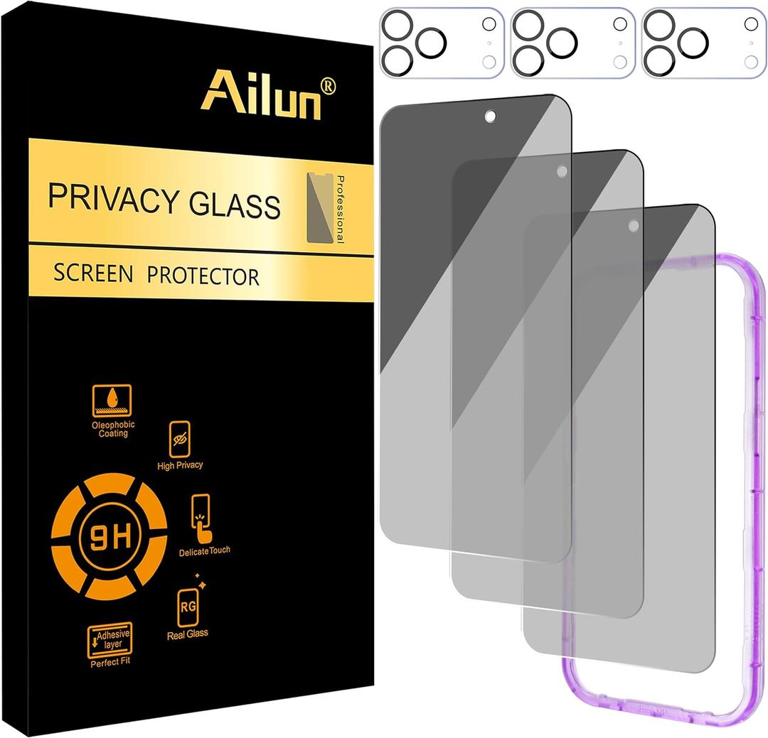 Ailun 3 Pack for iPhone 17 Pro Max Privacy Screen Protector [6.9 inch]+ 3 Pack Camera Lens Protector with Installation Frame, Dynamic Island Compatible,  Anti Spy Tempered Glass[9H Hardness]-HD