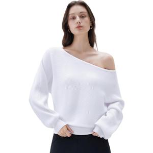 SUUKSESS Women Cashmere Blend Oversized Off Shoulder Pullover Sweaters Boat Neck Long Sleeve Knit Jumpers Tops (Medium, 002 White)