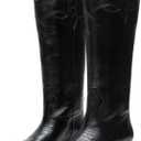 Coutgo Womens Cowboy Western Boots with Embroidered Square Toe Chunky Heel Mid Calf Boots Fall Winter Shoes (Black)