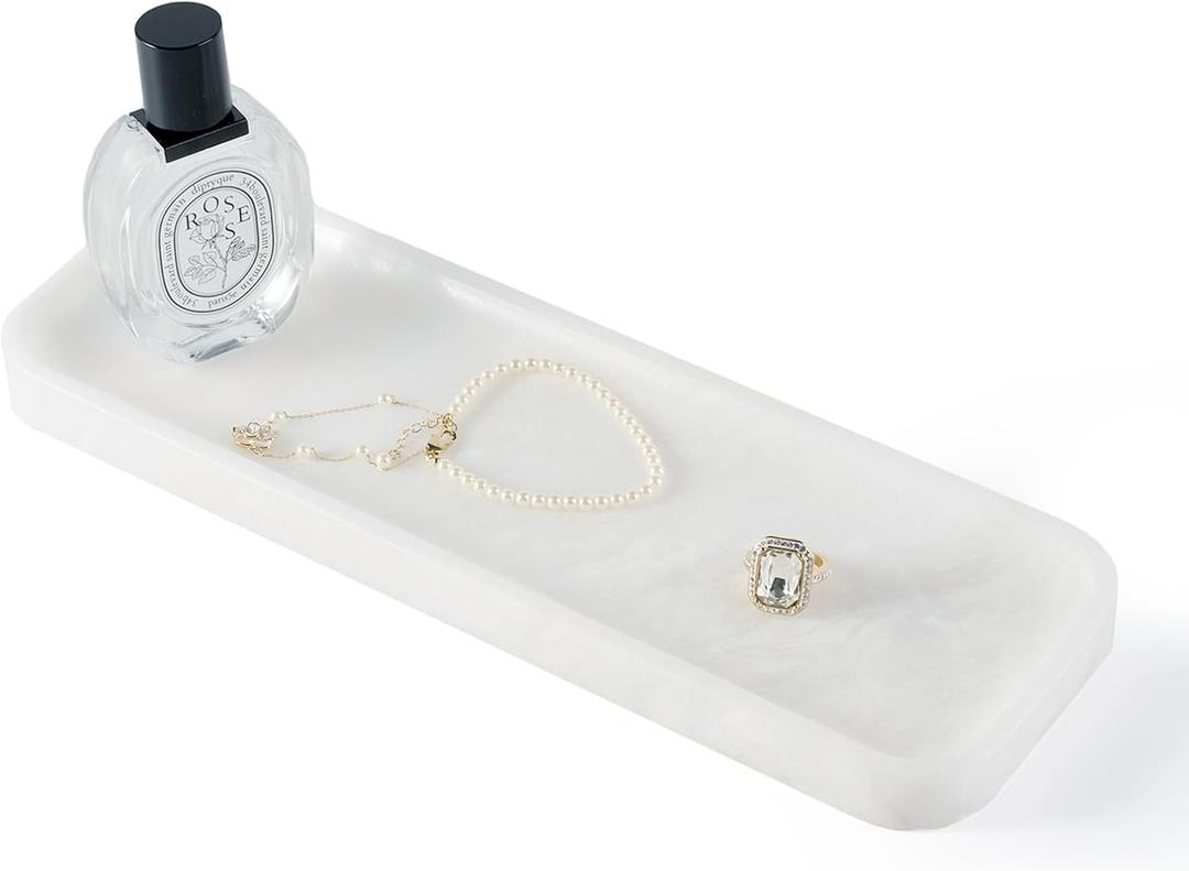 Koville Marble Tray, 12"x4" Marble Vanity Tray for Bathroom Kitchen Countertop Sink, Natural Stone Tray for Home Decor, Decorative Rectangular Narrow Catchall Tray for Jewelry(Namibia Bianco)