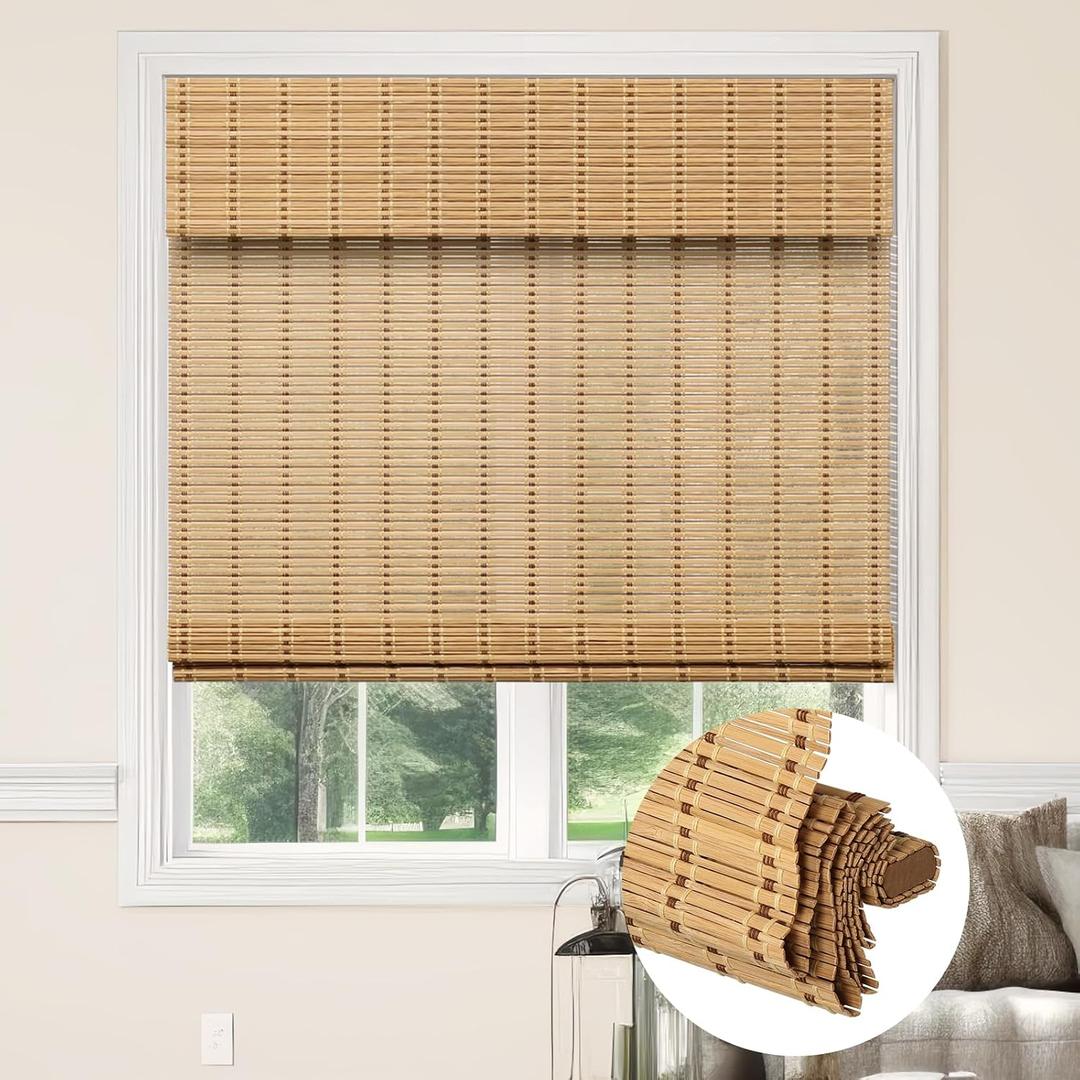 Kokorona Cordless Bamboo Roman Shades with Valance, Light Filtering Bamboo Blinds for Interior Windows, Natural Roll Up Bamboo Shades for Home, Office, Easy Installation, 24" W x 64" H, Natural