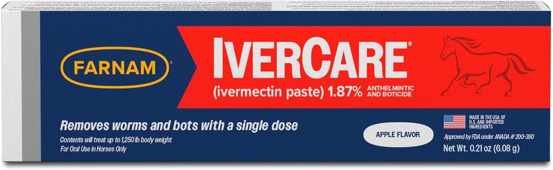 Farnam IverCare (ivermectin Paste) 1.87% for Horses, Anthelmintic and Boticide, 0.21 Ounces, Horse Dewormer, Ivermectin Apple-Flavored Paste, Up to 1,250 lbs