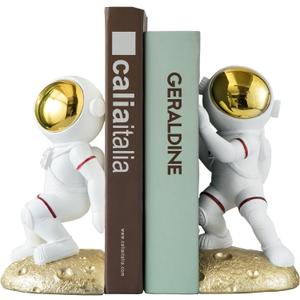 Space Theme Bookends for Shelves, Astronaut Moon Book Ends for Kids Room, Decorative Planet Book Stoppers to Hold Books Heavy Duty, Unique Boys and Girls Gift (Gold)