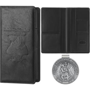 Christmas Car Registration and Insurance Card Holder Christmas Gift for Driver Include 1pcs Saint Christopher Medal, 1pcs Leather Vehicle Insurance Wallet Interior Car Accessories License