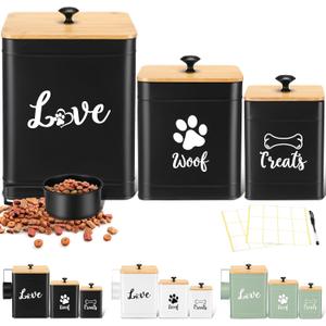 Metal Dog Treat Containers Set of 3 with Bamboo Lids and Spoon Airtight 7+3+2 lbs Dog Food Snack Jars with DIY Labels Big Pet Cookie Storage Jar for Kitchen Counter(Black,Classic)