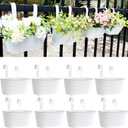 10" Hanging Flower Pots, Pack of 8 White Metal Outdoor Patio Balcony Planter, Railing Planters Fence Pot with Detachable Hook & Drainage Hole for Small Plants (White, 8Pcs)