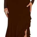 BORIFLORS Women's Bodycon Ruched Mesh Long Sleeve Maxi Dress Mermaid Ruffle Formal Cocktail Party Long Dresses (Medium, Coffee)