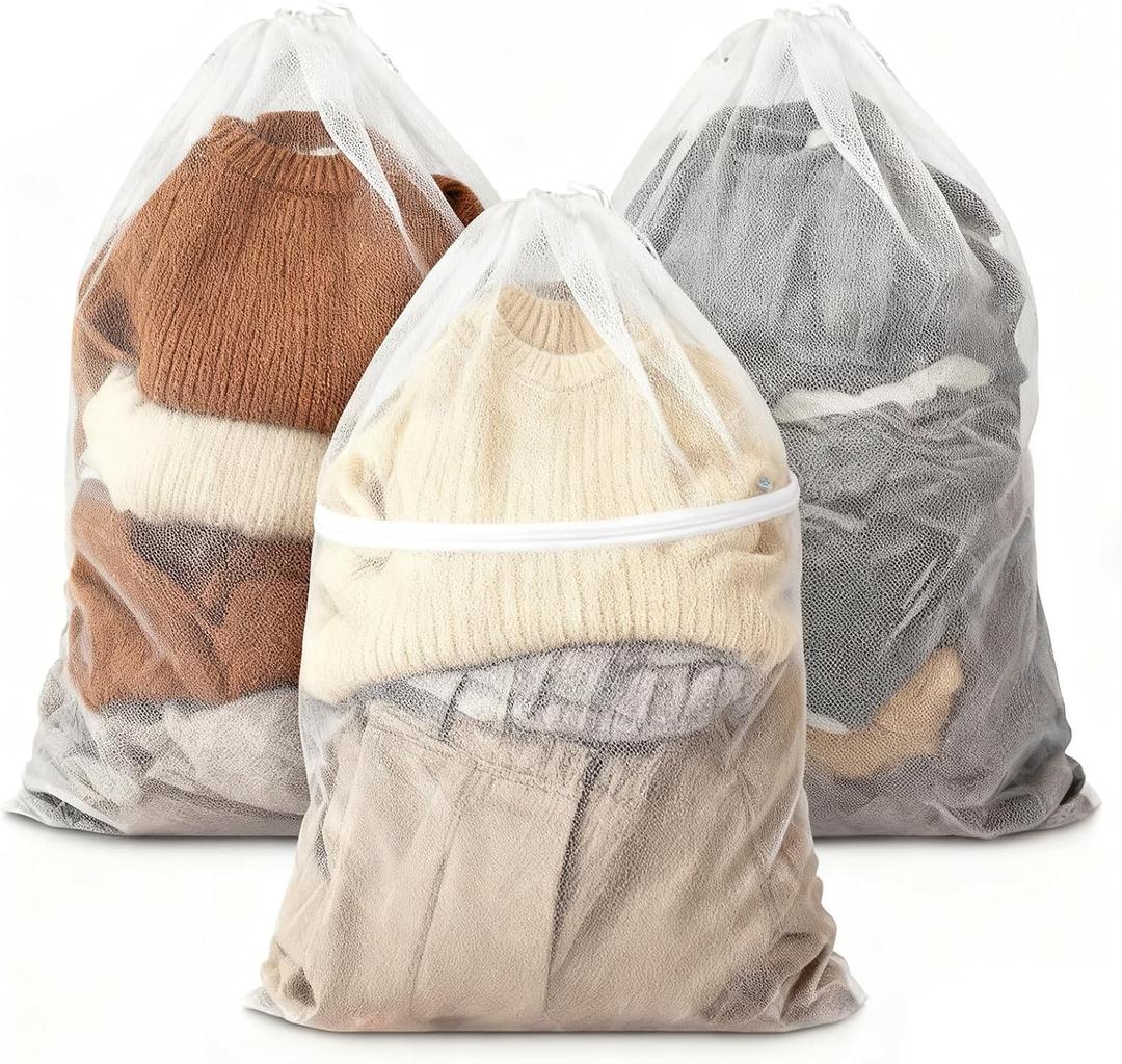 3 Pcs Mesh Laundry Bags Breathable Delicates Protect - Large Heavy for Protect Clothes in Washing Machine Travel Dorm Sports Family White 23 x 34 Inches