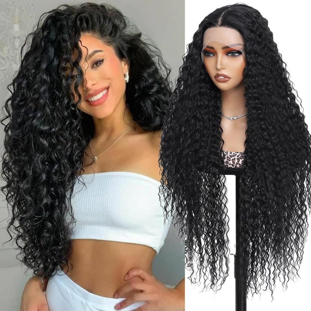 Curly Wig for Women long Black Curly Wigs 34inch 13x4x1 HD Lace Front Wigs Synthetic Middle Part Wig Upgraded Premium Human-Hair-Like Fiber Curly Wigs for Daily Party Use (Black)