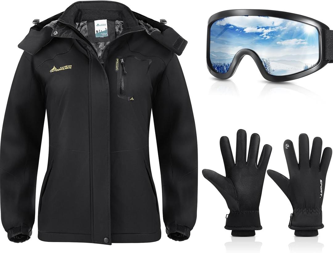 Geyoga Women's Waterproof Ski Jacket Winter Snow Coat Mountain Windbreaker Jacket with Ski Goggles Winter Gloves Waterproof (X-Large)