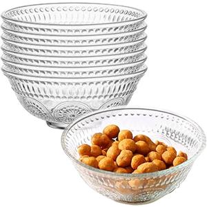 6 Pack Clear Glass Cereal Candy Snack Bowls Set, Vintage Ice Cream Yogurt Serving Bowl, Embossed Fruit Dessert Dish Plate, Crystal Round Side Prep Dishes for Desk - Sunflower