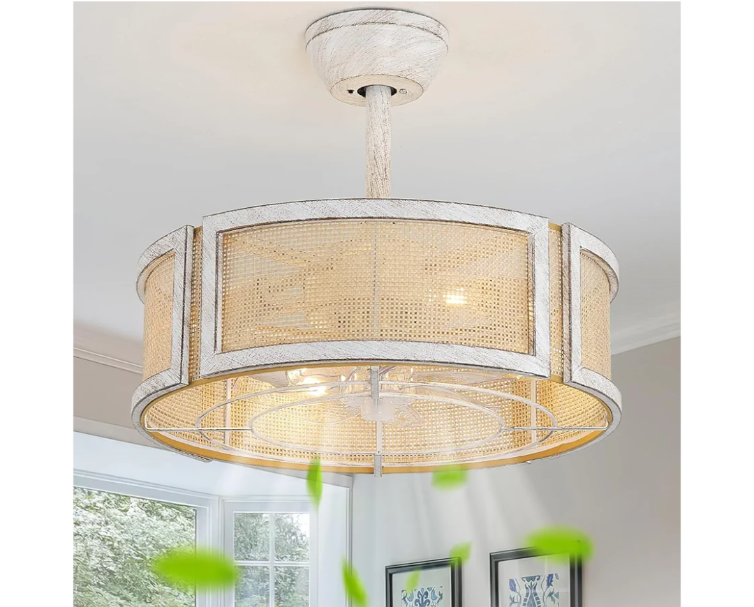 YMKSKJ 20" White Fandelier Ceiling Fans with Lights, Boho Rattan Ceiling Fan with Light Remote Control, Caged Mid-Century Modern with 6 Speeds for Bedroom, Nursery, Living Room