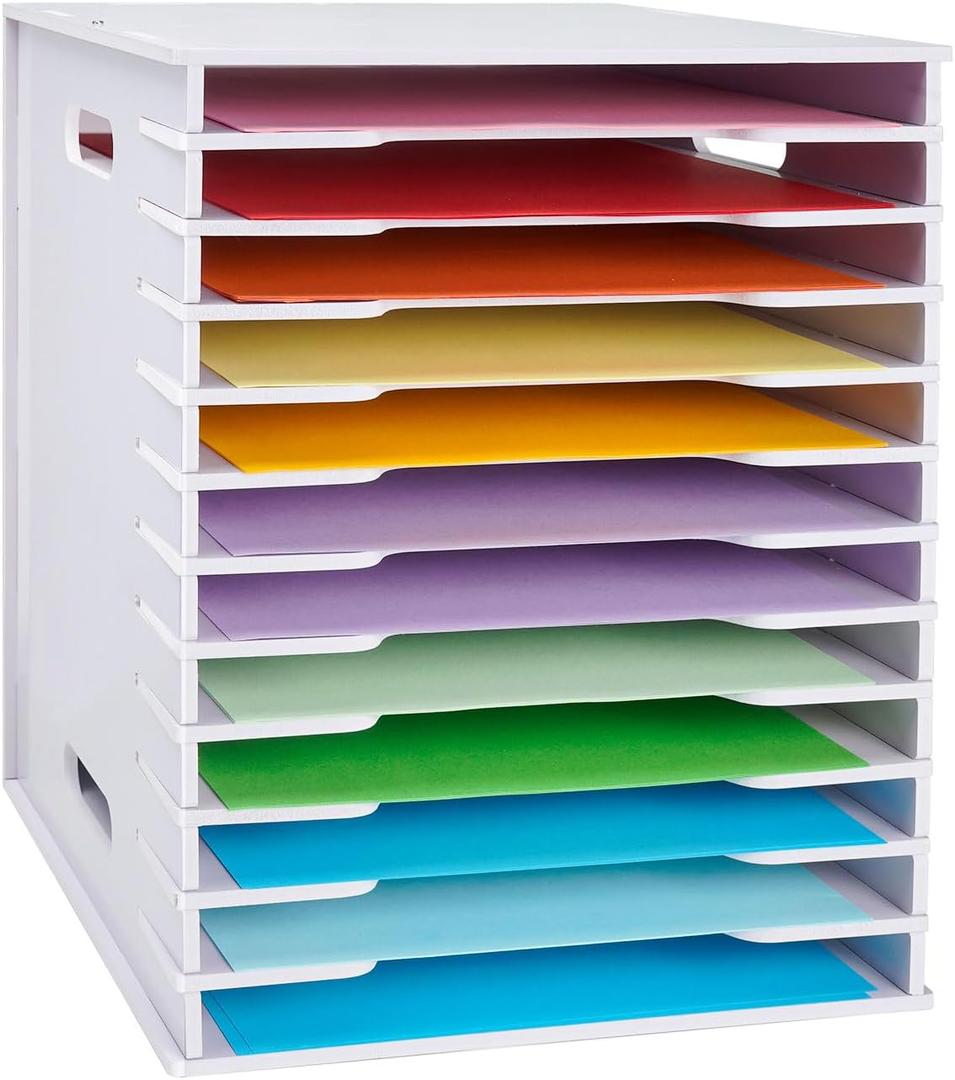 SANFURNEY Scrapbook Paper Organizer for Sizes 8.5" x 11", 12 Tier White Cardstock A4 Paper Sorter Storage Rack, Desktop Scrapbook Papers Holder for Home Office & Classrooms (White)
