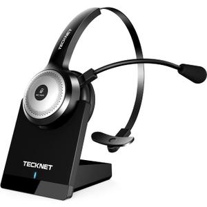 TECKNET Wireless Headset for Work, 40Hrs Worktime AI Noise Cancelling Computer Headphones with Charging Base, Bluetooth Headset with Mic & USB Dongle for PC/Laptop/Call Center