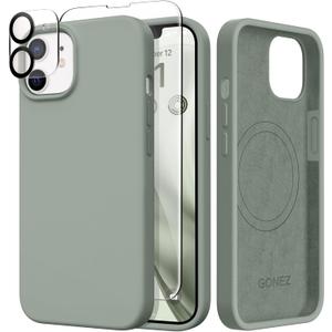 GONEZ Magnetic for iPhone 12 Case / 12 Pro Case, Compatible with MagSafe, [Screen Protector + Camera Lens Protector], Silicone Shockproof Anti-Scratch Protective Phone Case 6.1 inch, Calke Green