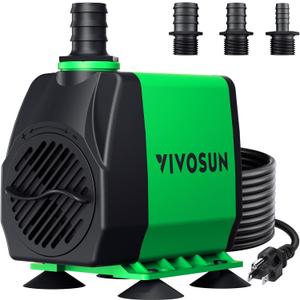 VIVOSUN 800GPH Submersible Pump(3000L/H, 24W), Ultra Quiet Water Fountain Pump with 10ft. High Lift with 6.5ft. Power Cord, 3 Nozzles for Fish Tank, Pond, Aquarium, Statuary, Hydroponics Green