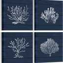 HOMEOART Coral Canvas Wall Art Prints Ocean Navy Blue Coastal Artwork Beach Home Decor Picture Framed Ready to Hang 12"x12"x4 Pieces
