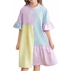 OYOANGLE Girl's Striped Button Up Ruffle Dress Half Sleeve Color Block Flared Long Dress