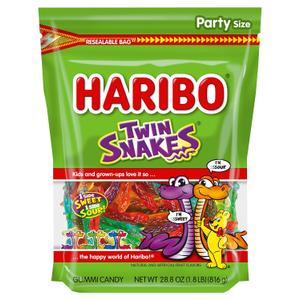 HARIBO Gummi Candy, Twin Snakes Sweet & Sour Gummy Candy, 28.8 Ounce Resealable Party Size Stand Up Bag, Soft & Chewy Snacks, Assorted Fruity Flavors, BB: 08/2027