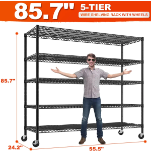 REIBII 85.7"H Garage Shelving 2998LBS Storage Shelves with Wheels&Feet,5 Tier Garage Shelves Heavy Duty Adjustable Wire Shelving for Basement Commercial Industrial Pantry, 85.7"H X 55.5"W X 24.2"D