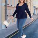 Women's Plus Size Babydoll Tops Long Sleeve Henley Shirts Cute Square Neck Peplum Top Button Casual Swing Flowy Blouses (XXL)