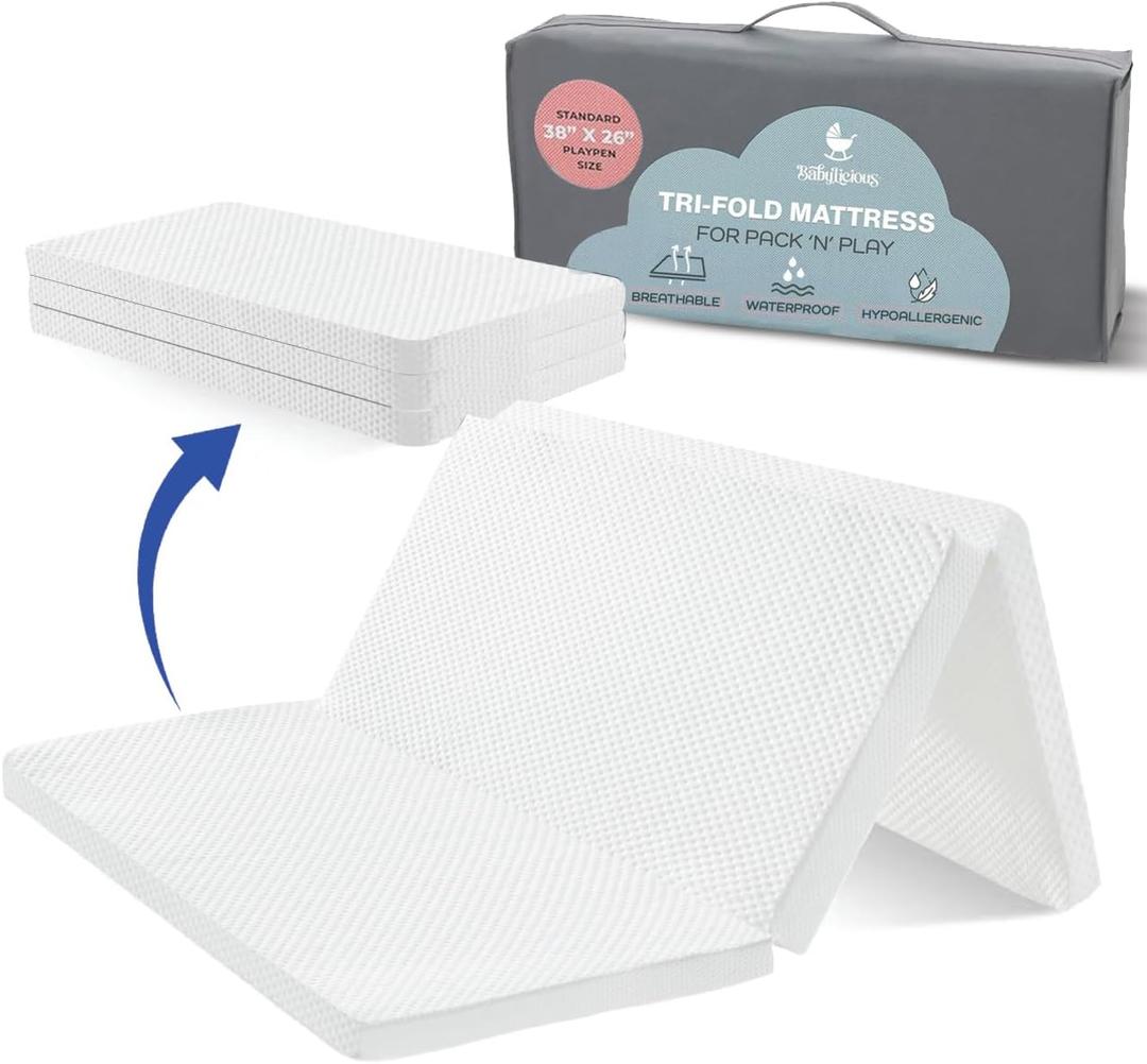 Waterproof Pack and Play Mattress Topper | 38" x 26" x 1.5" | Trifold Style - Breathable Soft Plush Foam - Portable Mattress Topper - Baby Foam Mattresses for Babies