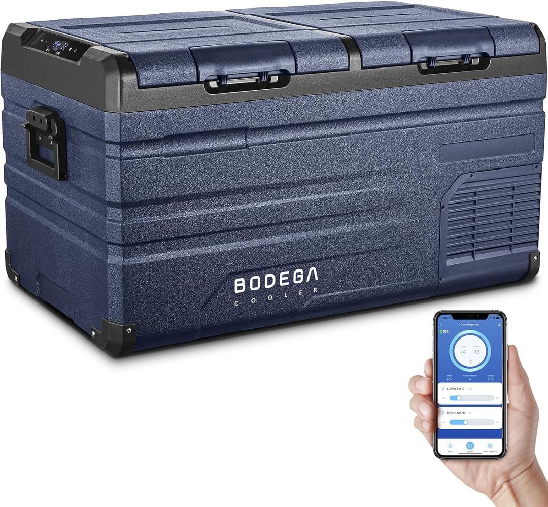 BODEGACOOLER 12 Volt Car Refrigerator,Dual Zone APP Control, Designed with Removable 2-Way Door Portable Freezer,75 Quart-4-68 RV Electric Cooler 12/24V DC and 100-240V AC for Camping,Travel,RV (Blue)